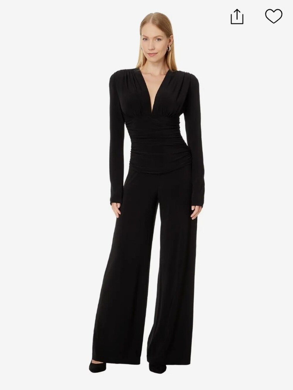 Norma KamaliV-Neck Long Sleeve Shirred Waist Jumpsuit with Shoulder Pads